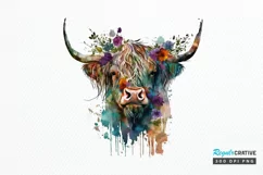 Watercolor Floral Highland Cow PNG Clipa Product Image 1