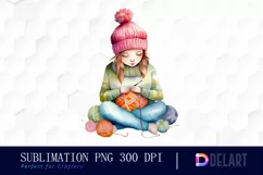 Knitting a Girl Watercolor Clipart PNG Product Image 1