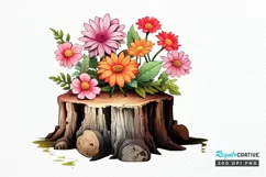 Flowers On Tree Stump Watercolor PNG Clipart Product Image 1