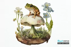 Watercolor Vintage Cute Floral Frog on a Mushroom PNG Clipa Product Image 1