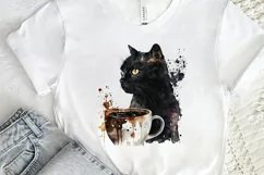 Watercolor Black Cat and Coffee PNG Clipart Product Image 2