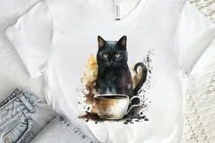 Watercolor Black Cat and Coffee PNG Clipart Product Image 2