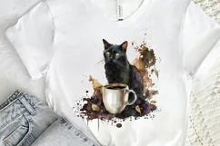 Watercolor Black Cat and Coffee PNG Clipart Product Image 2