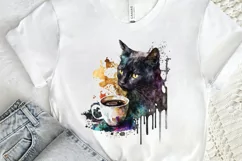 Watercolor Black Cat and Coffee PNG Clipart Product Image 2