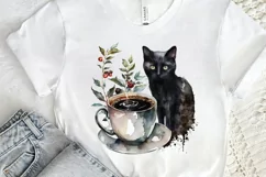 Watercolor Black Cat and Coffee PNG Clipart Product Image 2