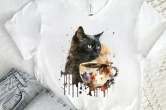 Watercolor Black Cat and Coffee PNG Clipart Product Image 2