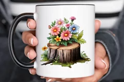Flowers On Tree Stump Watercolor PNG Clipart Product Image 3