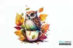 Watercolor Cute Owl with a Cup PNG Clipart Product Image 1