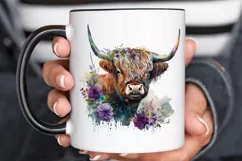 Watercolor Floral Highland Cow PNG Clipa Product Image 3