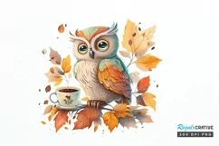Watercolor Cute Owl with a Cup PNG Clipart Product Image 1