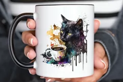 Watercolor Black Cat and Coffee PNG Clipart Product Image 3