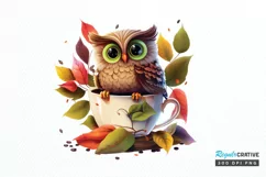 Watercolor Cute Owl with a Cup PNG Clipart Product Image 1
