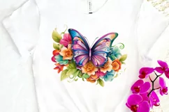 Rainbow Butterfly and Flowers PNG Clipart Product Image 3