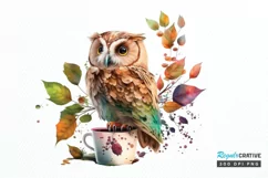 Watercolor Cute Owl with a Cup PNG Clipart Product Image 1