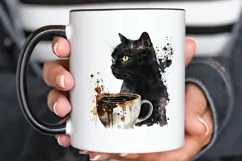 Watercolor Black Cat and Coffee PNG Clipart Product Image 3