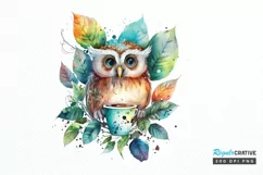 Watercolor Cute Owl with a Cup PNG Clipart Product Image 1