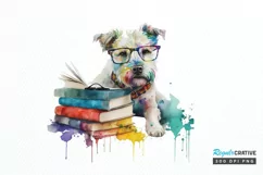 Watercolor Dog and Books PNG Clipart Product Image 1