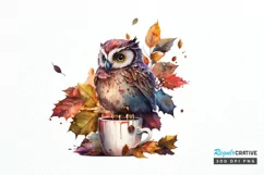 Watercolor Cute Owl with a Cup PNG Clipart Product Image 1
