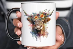 Watercolor Floral Highland Cow PNG Clipa Product Image 3