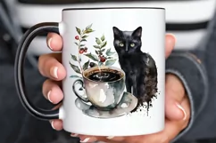 Watercolor Black Cat and Coffee PNG Clipart Product Image 3