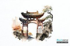 Watercolor Chinese Gate PNG Clipart Product Image 1