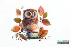 Watercolor Cute Owl with a Cup PNG Clipart Product Image 1