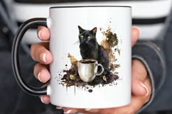 Watercolor Black Cat and Coffee PNG Clipart Product Image 3
