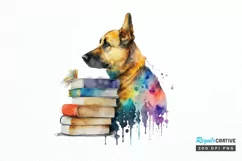 Watercolor Dog and Books PNG Clipart Product Image 1