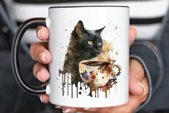 Watercolor Black Cat and Coffee PNG Clipart Product Image 3