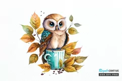 Watercolor Cute Owl with a Cup PNG Clipart Product Image 1