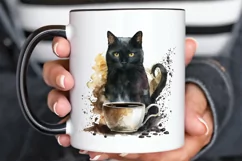 Watercolor Black Cat and Coffee PNG Clipart Product Image 3
