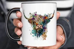 Watercolor Floral Highland Cow PNG Clipa Product Image 3