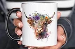 Watercolor Floral Highland Cow PNG Clipa Product Image 3