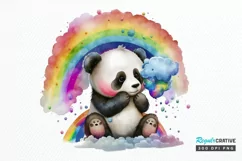 Watercolor Baby Panda with Rainbow Cloud PNG Clipart Product Image 1