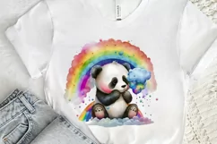 Watercolor Baby Panda with Rainbow Cloud PNG Clipart Product Image 2