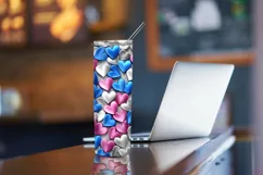 Blue Pink and Silver 3D Hearts 20 oz Skinny Tumbler Wrap Product Image 4