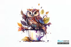 Watercolor Cute Owl with a Cup PNG Clipart Product Image 1