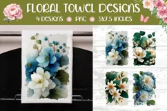 Blue Flower Towel Designs, Floral Kitchen Towel PNG Product Image 1