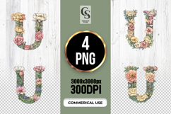 Floral Letter U Watercolor Alphabet Clipart Sublimation PNG Product Image 1