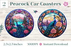 Peacock Car Coaster PNG, Stained Glass Peacock Sublimation Product Image 1