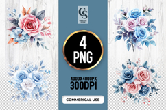 Blue Pink Rose Watercolor Floral Bouquet Clipart PNG Product Image 1