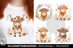 Floral Highland Cow Clipart Sublimation PNG Product Image 1
