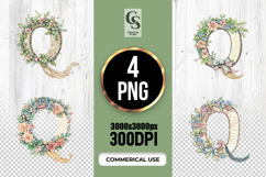 Floral Letter Q Botanical Monogram Alphabet PNG Product Image 1