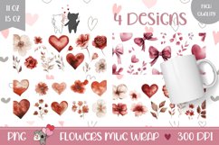 Watercolor Hearts Mug Designs, Watercolor Flowers Mug Wraps Product Image 1