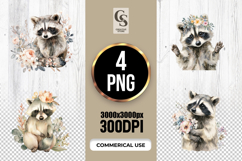 Cute Floral Raccoon Watercolor Illustration Clipart PNg Product Image 1