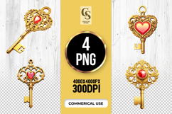 Golden Heart Key Clipart Sublimation PNG Product Image 1