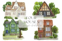 Four watercolor houses illustration png Product Image 1
