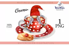Watercolor gnome in a mug of tea with cookies, Gnome PNG Product Image 1