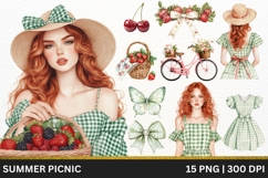 Green Picnic Girl Clipart 15 PNG, Summer Fashion Watercolor Product Image 1