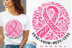 Pray Faith Hope Love, Floral Pink Breast Cancer Ribbon SVG Product Image 1